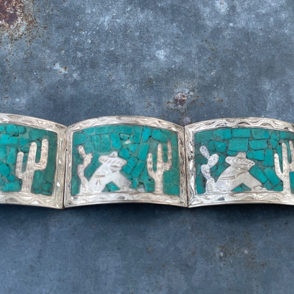 Vintage Mexico Sterling Turquoise Inlay Link Bracelet 6.5" - Picture 3 of 6